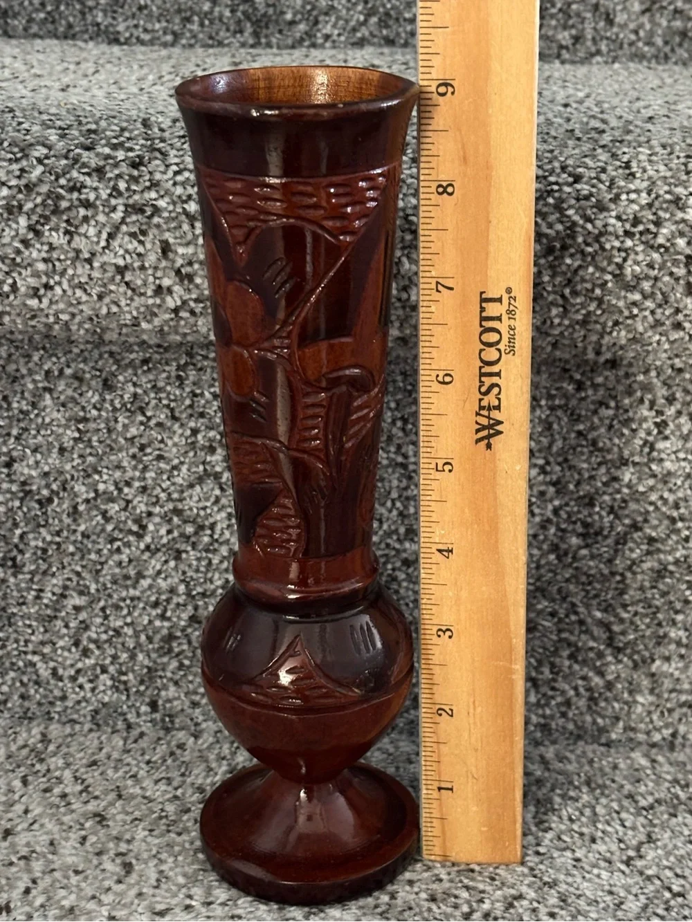 MCM Carved Wood Bud Vase, Hand Carved Floral Relief, Turned Baluster Foot